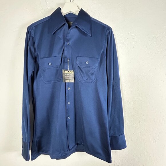 Vintage JCPenney Lunada Mens Blue Long Sleeve Button Up Shirt Medium Pockets New - Picture 1 of 7